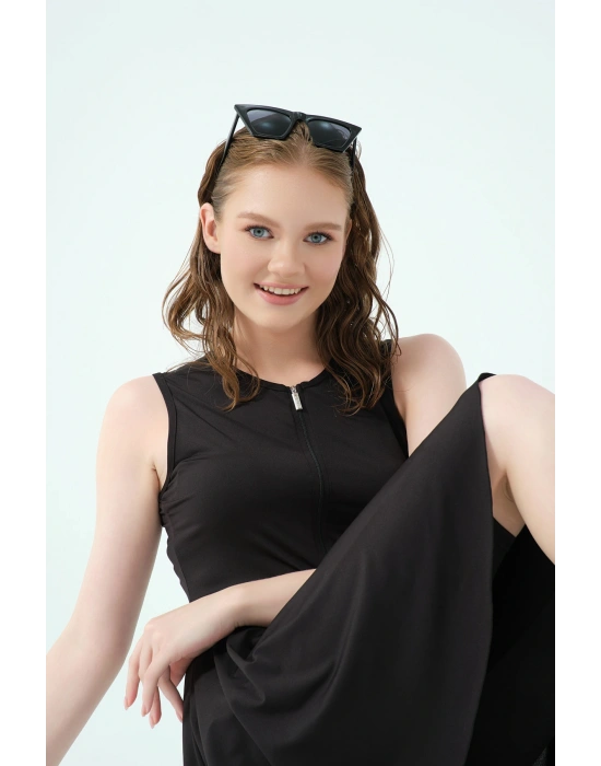 Kloş Etekli Sıfır Kol Yarı Kapalı Mayo