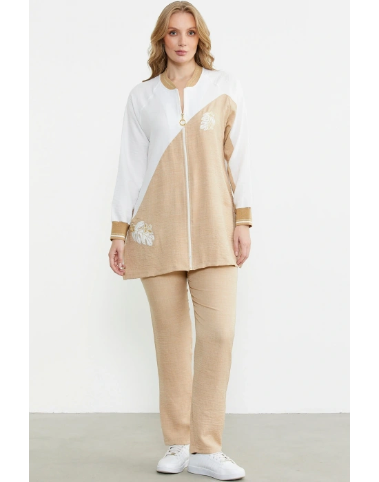 Fermuar Kapamalı Nakışlı Tunik Takım - Bej