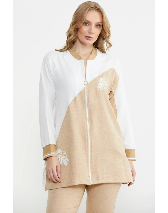 Fermuar Kapamalı Nakışlı Tunik Takım - Bej