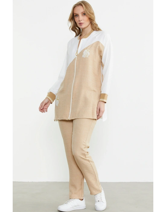 Fermuar Kapamalı Nakışlı Tunik Takım - Bej