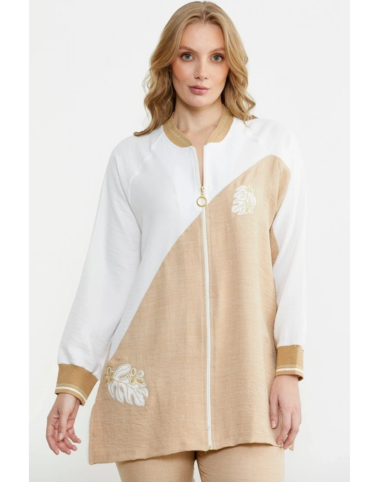 Fermuar Kapamalı Nakışlı Tunik Takım - Bej