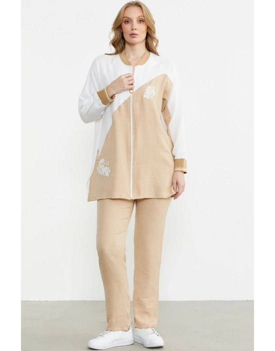 Fermuar Kapamalı Nakışlı Tunik Takım - Bej
