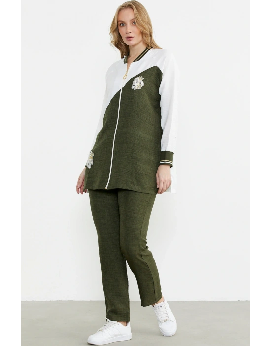 Fermuar Kapamalı Nakışlı Tunik Takım - Haki