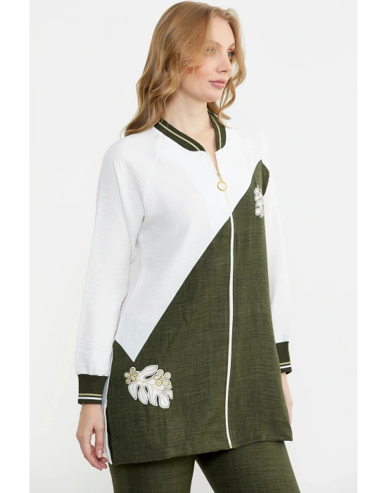 Fermuar Kapamalı Nakışlı Tunik Takım - Haki