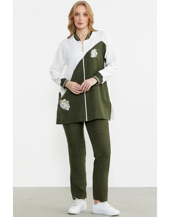 Fermuar Kapamalı Nakışlı Tunik Takım - Haki