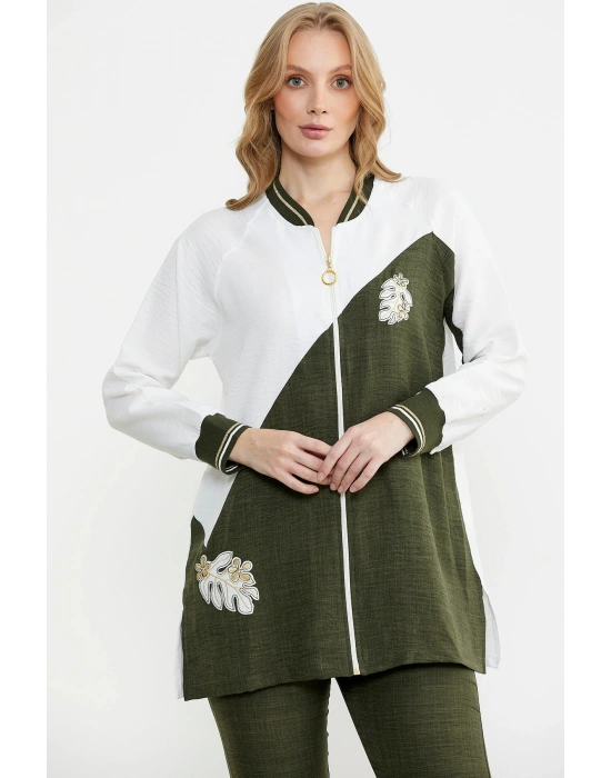 Fermuar Kapamalı Nakışlı Tunik Takım - Haki