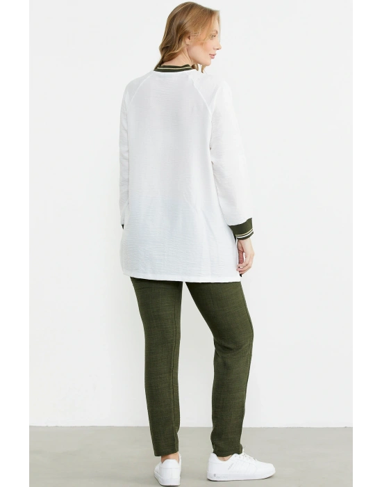 Fermuar Kapamalı Nakışlı Tunik Takım - Haki