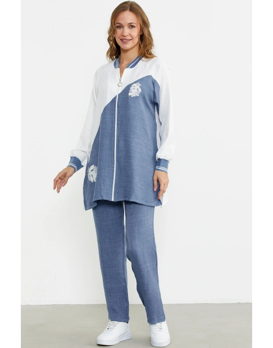 Fermuar Kapamalı Nakışlı Tunik Takım - Indigo