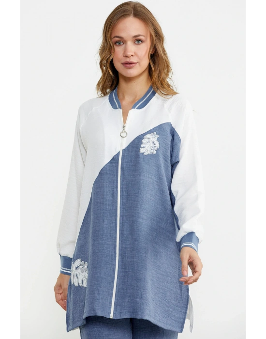 Fermuar Kapamalı Nakışlı Tunik Takım - Indigo