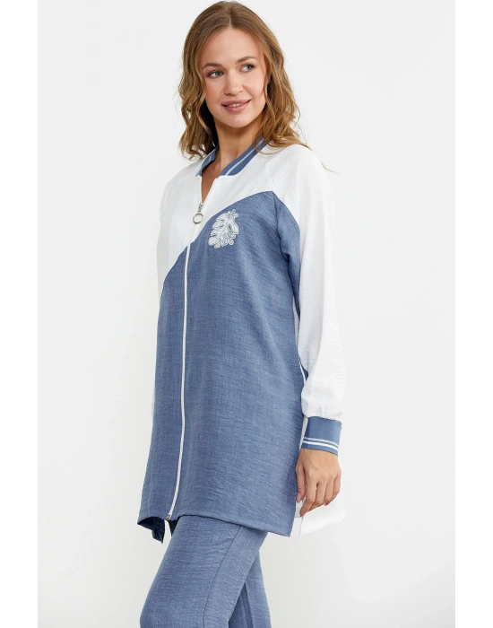 Fermuar Kapamalı Nakışlı Tunik Takım - Indigo