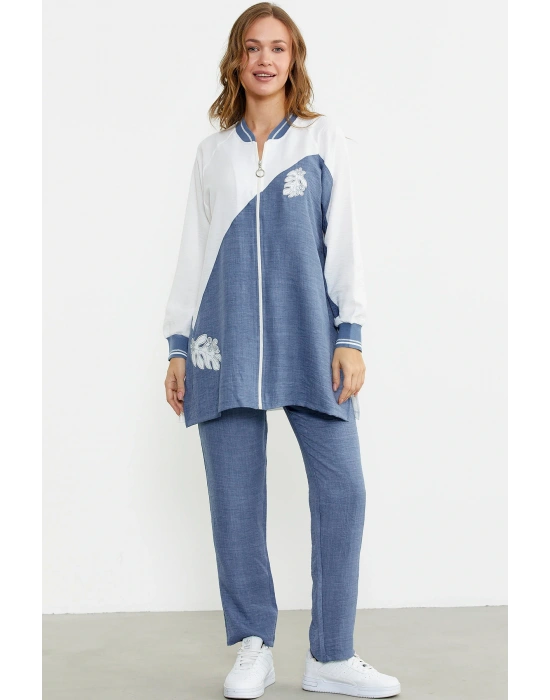 Fermuar Kapamalı Nakışlı Tunik Takım - Indigo