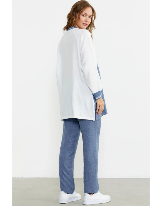 Fermuar Kapamalı Nakışlı Tunik Takım - Indigo