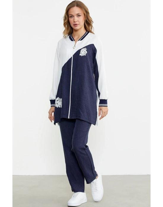 Fermuar Kapamalı Nakışlı Tunik Takım - Lacivert
