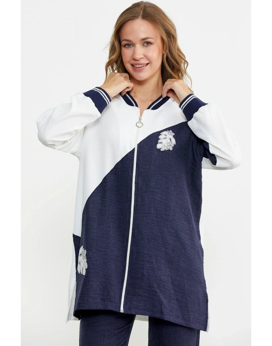 Fermuar Kapamalı Nakışlı Tunik Takım - Lacivert