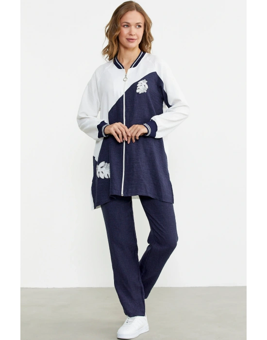 Fermuar Kapamalı Nakışlı Tunik Takım - Lacivert