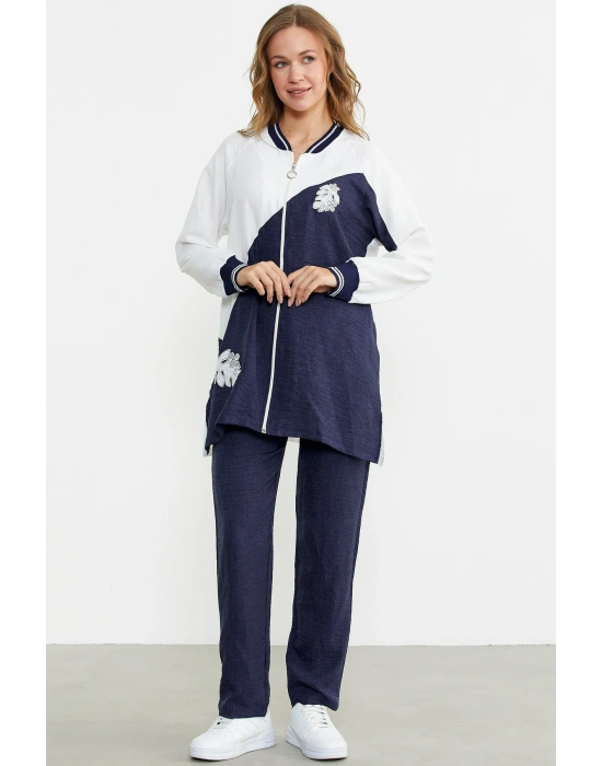 Fermuar Kapamalı Nakışlı Tunik Takım - Lacivert