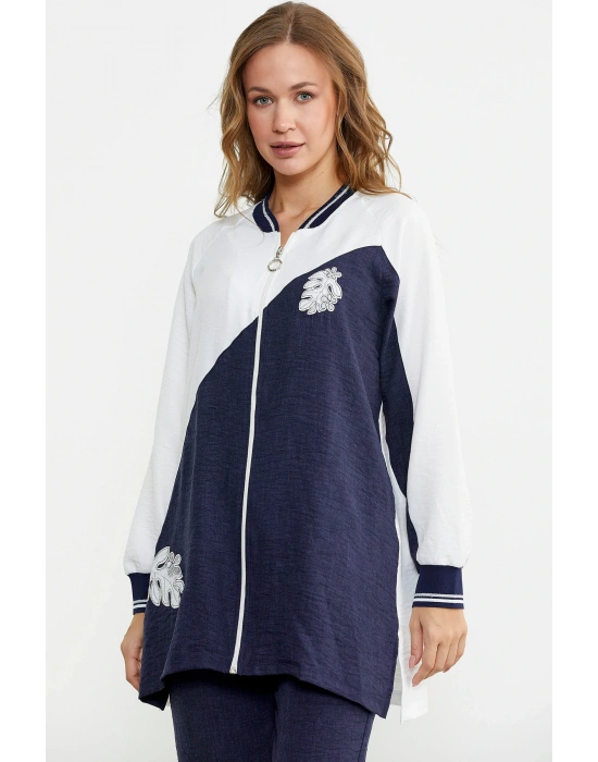 Fermuar Kapamalı Nakışlı Tunik Takım - Lacivert