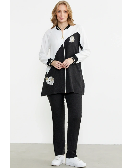 Fermuar Kapamalı Nakışlı Tunik Takım - Siyah