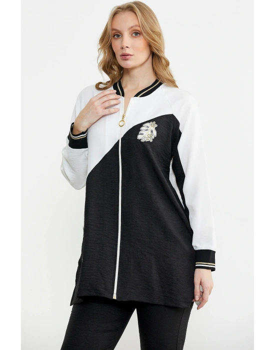 Fermuar Kapamalı Nakışlı Tunik Takım - Siyah