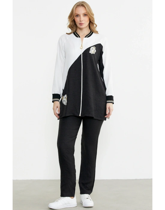 Fermuar Kapamalı Nakışlı Tunik Takım - Siyah