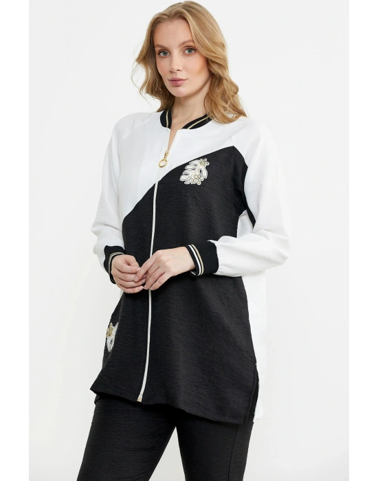 Fermuar Kapamalı Nakışlı Tunik Takım - Siyah