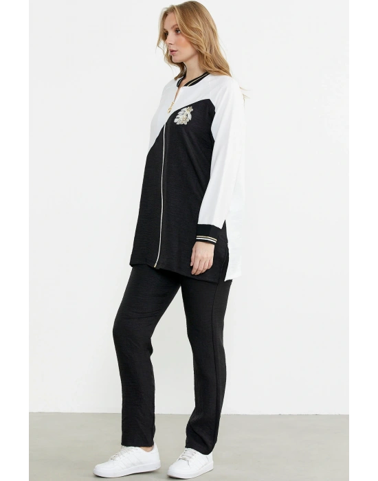 Fermuar Kapamalı Nakışlı Tunik Takım - Siyah