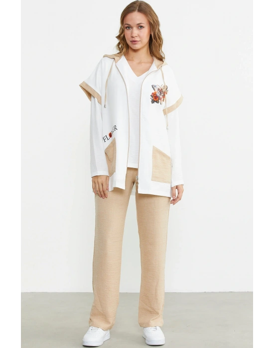 Keten Görünümlü Rahat Kalıp Üçlü Takım - Bej