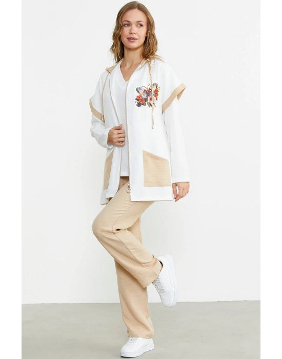 Keten Görünümlü Rahat Kalıp Üçlü Takım - Bej