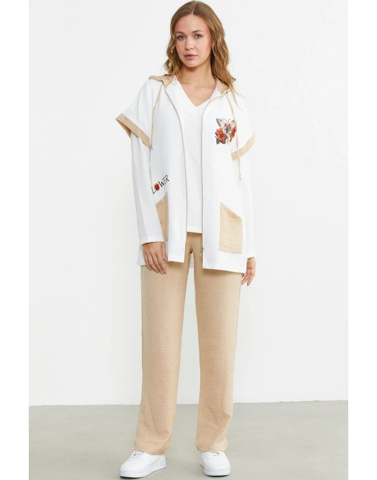 Keten Görünümlü Rahat Kalıp Üçlü Takım - Bej