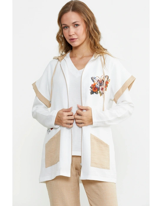 Keten Görünümlü Rahat Kalıp Üçlü Takım - Bej