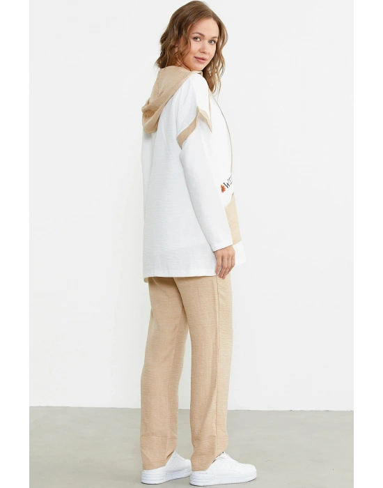 Keten Görünümlü Rahat Kalıp Üçlü Takım - Bej