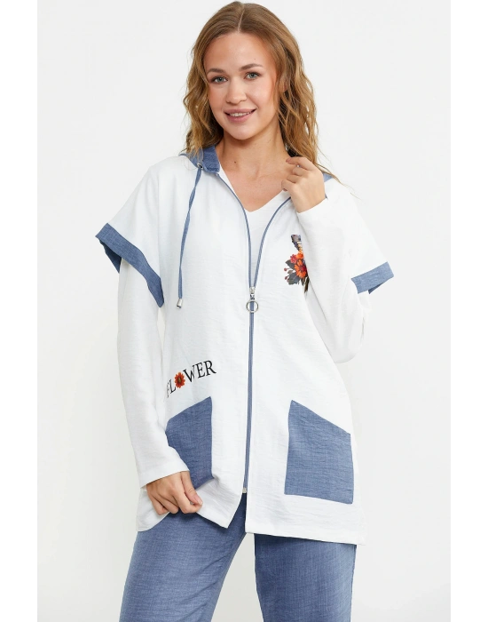 Keten Görünümlü Rahat Kalıp Üçlü Takım - Indigo