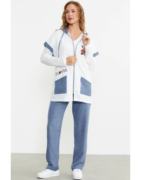 Keten Görünümlü Rahat Kalıp Üçlü Takım - Indigo