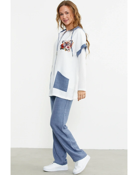 Keten Görünümlü Rahat Kalıp Üçlü Takım - Indigo