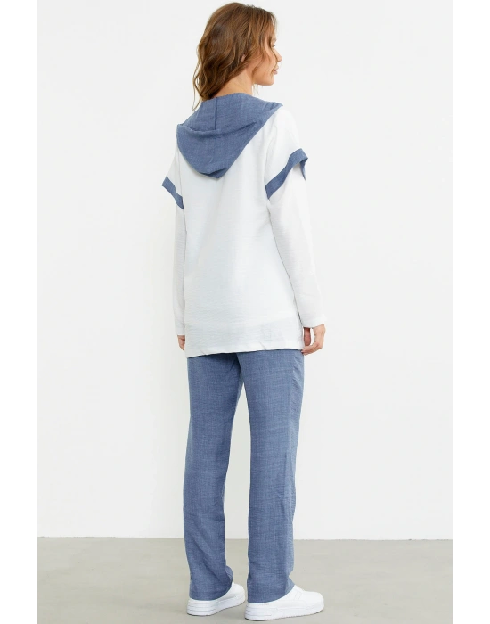 Keten Görünümlü Rahat Kalıp Üçlü Takım - Indigo