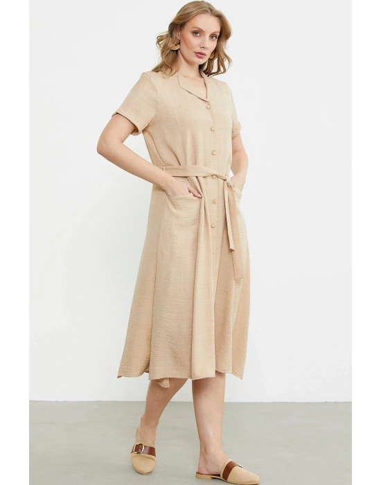 Keten Görünümlü Cepli Gömlek Elbise - Bej