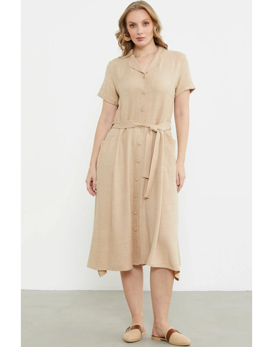 Keten Görünümlü Cepli Gömlek Elbise - Bej