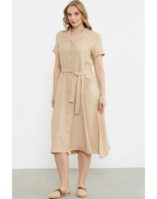 Keten Görünümlü Cepli Gömlek Elbise - Bej