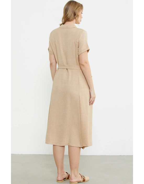 Keten Görünümlü Cepli Gömlek Elbise - Bej