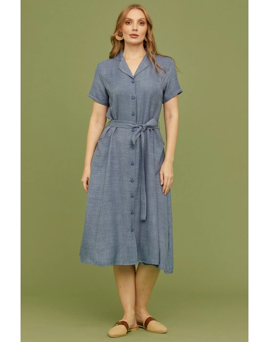 Keten Görünümlü Cepli Gömlek Elbise - Indigo