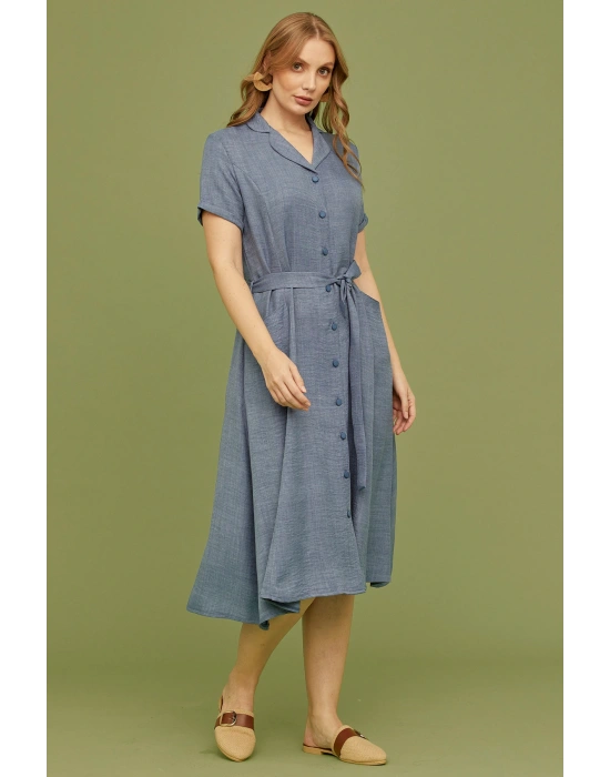Keten Görünümlü Cepli Gömlek Elbise - Indigo