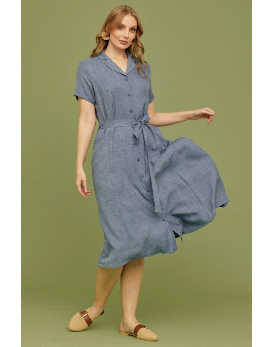 Keten Görünümlü Cepli Gömlek Elbise - Indigo