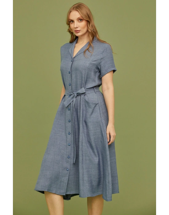 Keten Görünümlü Cepli Gömlek Elbise - Indigo