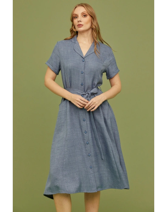 Keten Görünümlü Cepli Gömlek Elbise - Indigo