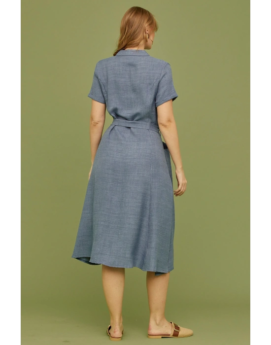 Keten Görünümlü Cepli Gömlek Elbise - Indigo