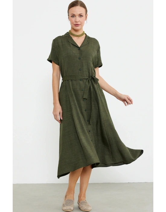 Keten Görünümlü Cepli Gömlek Elbise - Haki