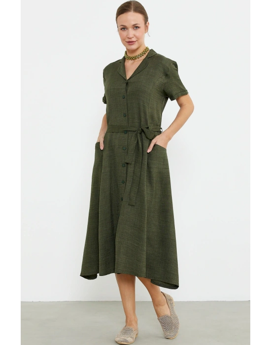 Keten Görünümlü Cepli Gömlek Elbise - Haki
