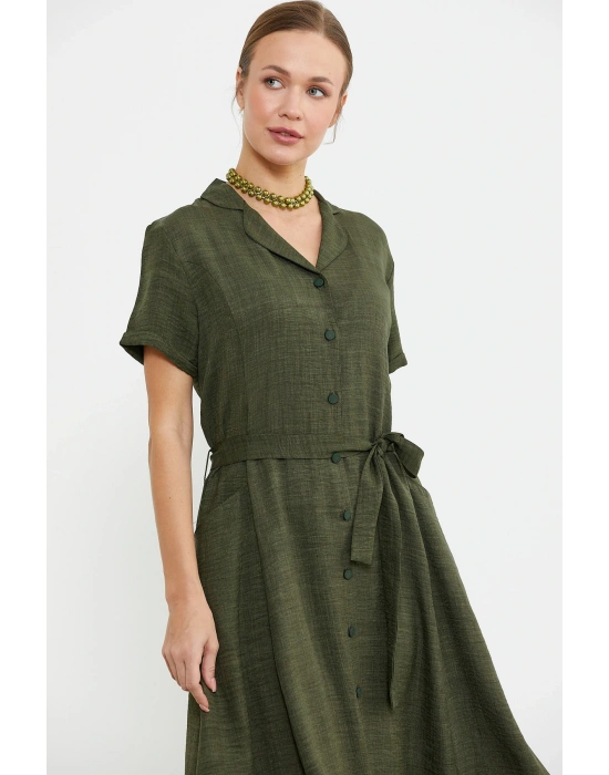 Keten Görünümlü Cepli Gömlek Elbise - Haki