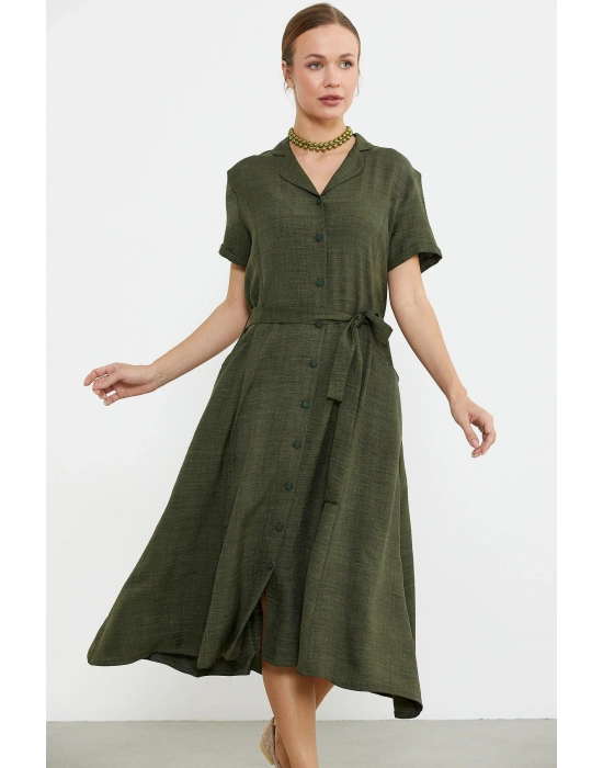 Keten Görünümlü Cepli Gömlek Elbise - Haki