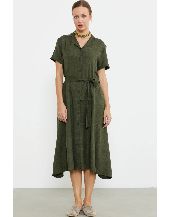 Keten Görünümlü Cepli Gömlek Elbise - Haki